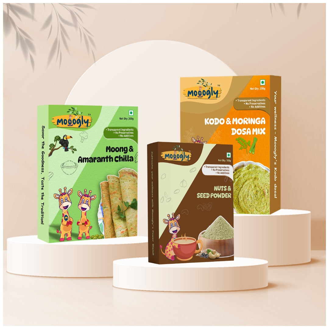 Ultimate Wellness Trio Combo (Nuts and Seed Powder & Kodo and Moringa Dosa Mix & Moong and Amaranth Chilla Combo Pack. 100gms, 200gms, 200gms)