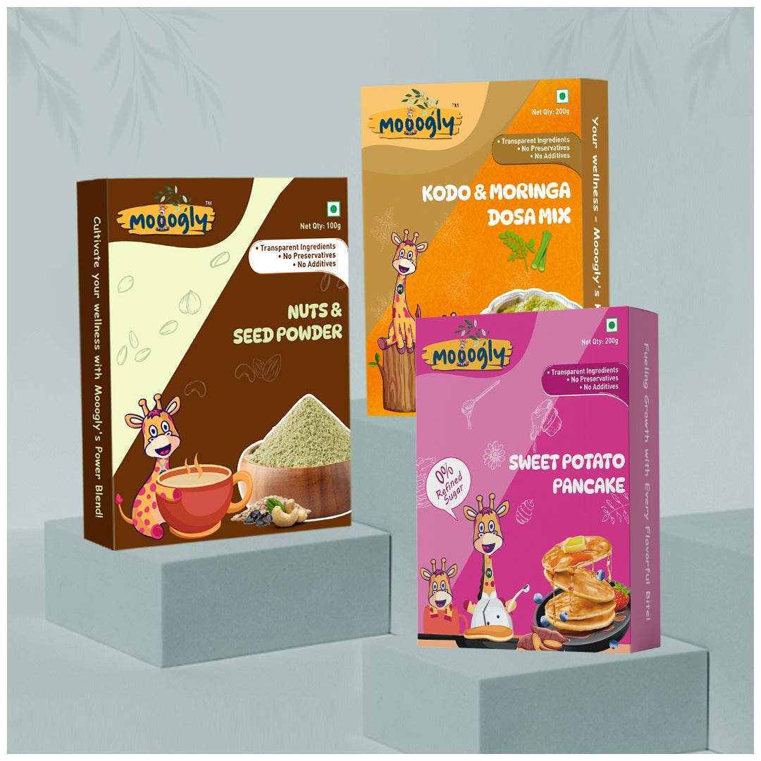 Complete Breakfast Kit (Kodo & Moringa Dosa, Nuts & Seed Powder, Sweet Potato Pancake)