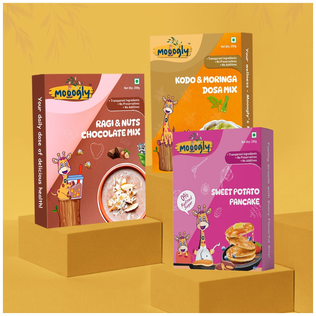 Healthy Start Combo (Kodo & Moringa Dosa, Sweet Potato Pancake, Ragi & Nuts Chocolate mix)