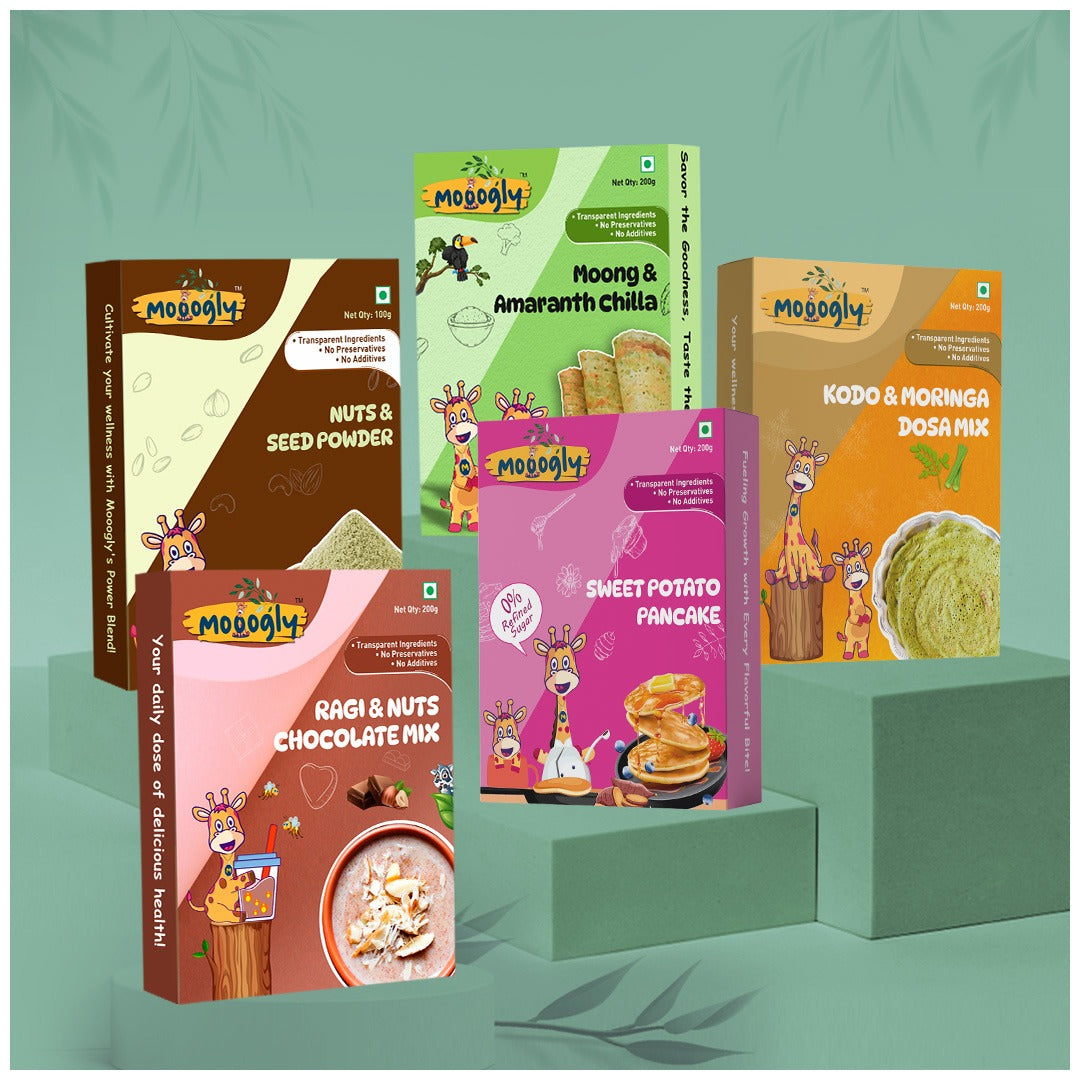 Ultimate Nutri Pack (Moong & Amaranth Chilla, Kodo & Moringa Dosa, Nuts & Seed Powder, Ragi & Nuts Chocolate mix, Sweet Potato Pancake)