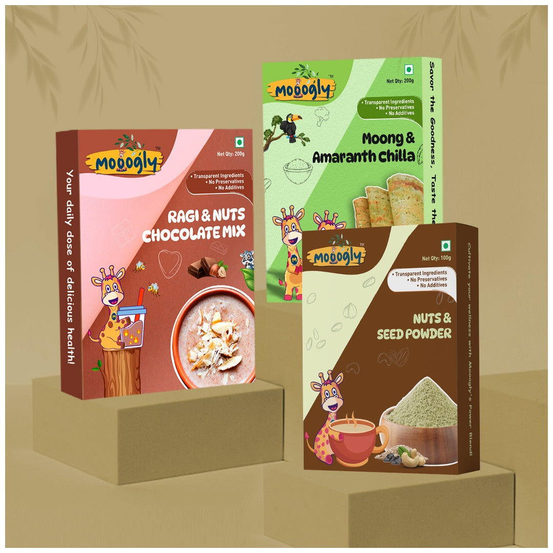 High Protein and Nutty Goodness (Moong & Amaranth Chilla, Nuts & Seed Powder, Ragi & Nuts Chocolate mix)