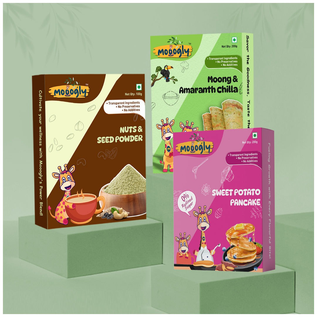 Sweet Savoury and Nutty Pack (Moong & Amaranth Chilla, Sweet Potato Pancake, Nuts & Seed Powder)