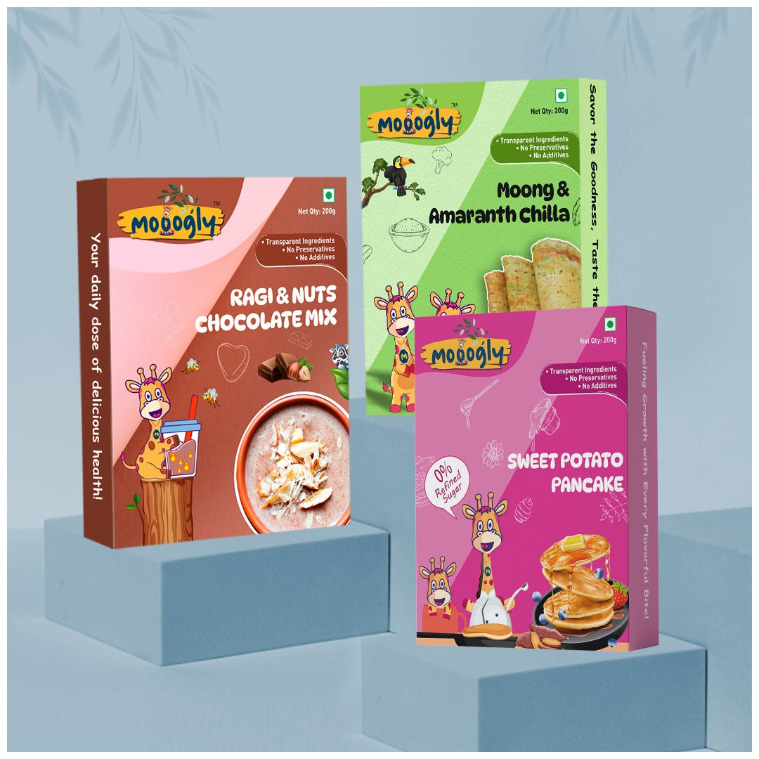 Delightful Morning Set (Moong & Amaranth Chilla, Sweet Potato Pancake, Ragi & Nuts Chocolate mix)